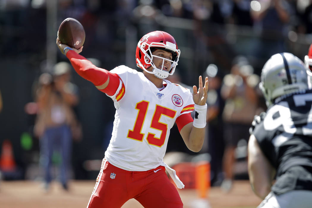 Kansas City Chiefs quarterback Patrick Mahomes during the first half of an NFL football game ag ...