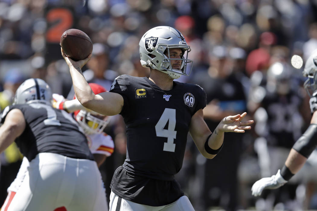 Oakland Raiders quarterback Derek Carr looks to throw the ball during the first half of an NFL ...