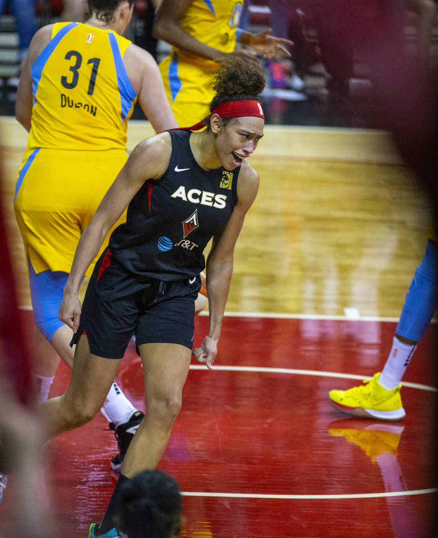 Las Vegas Aces forward Dearica Hamby (5) is pumped after scoring again over the Chicago Sky def ...