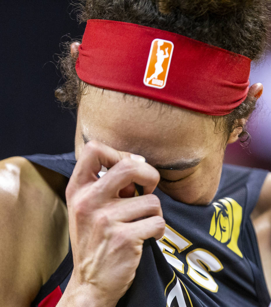 Las Vegas Aces forward Dearica Hamby (5)is overcome with emotion following their win over the C ...