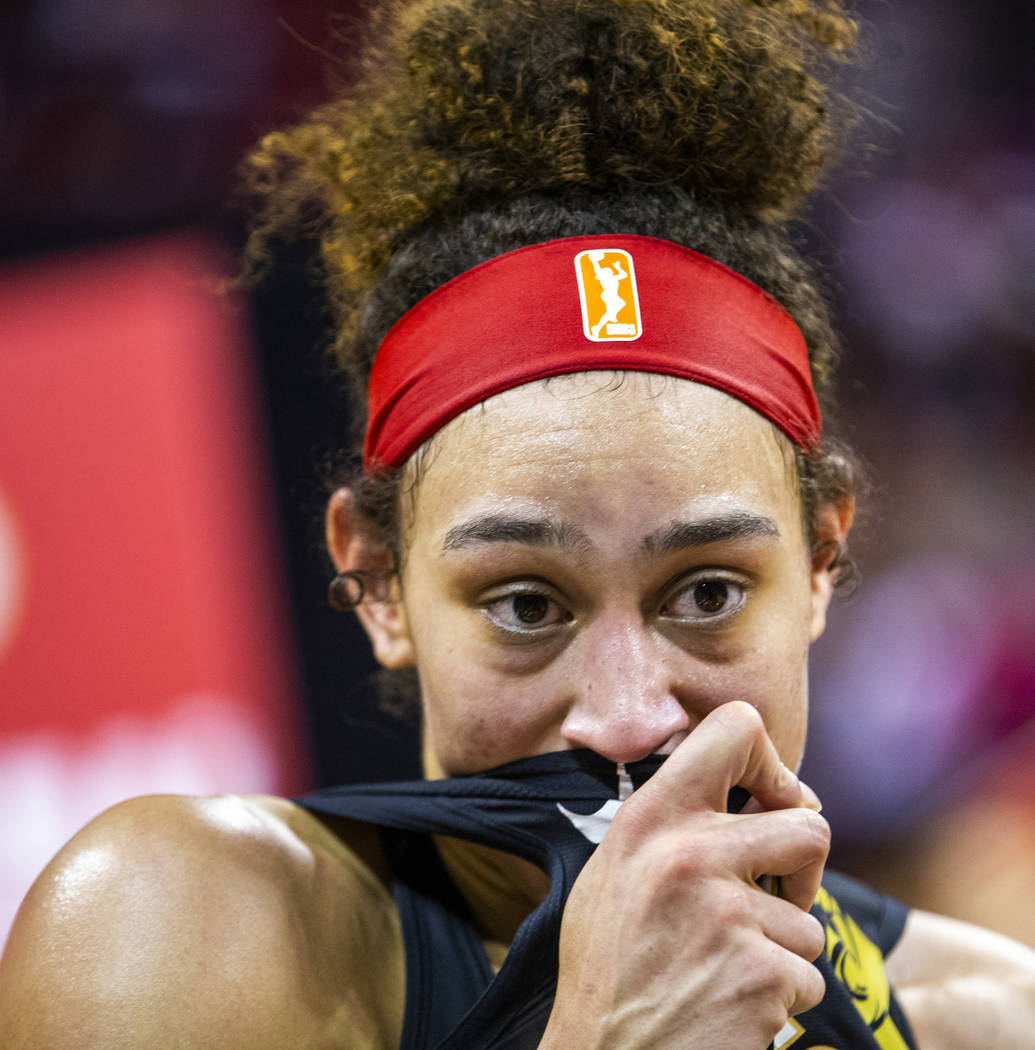 Las Vegas Aces forward Dearica Hamby (5) is overcome with emotion following their win over the ...