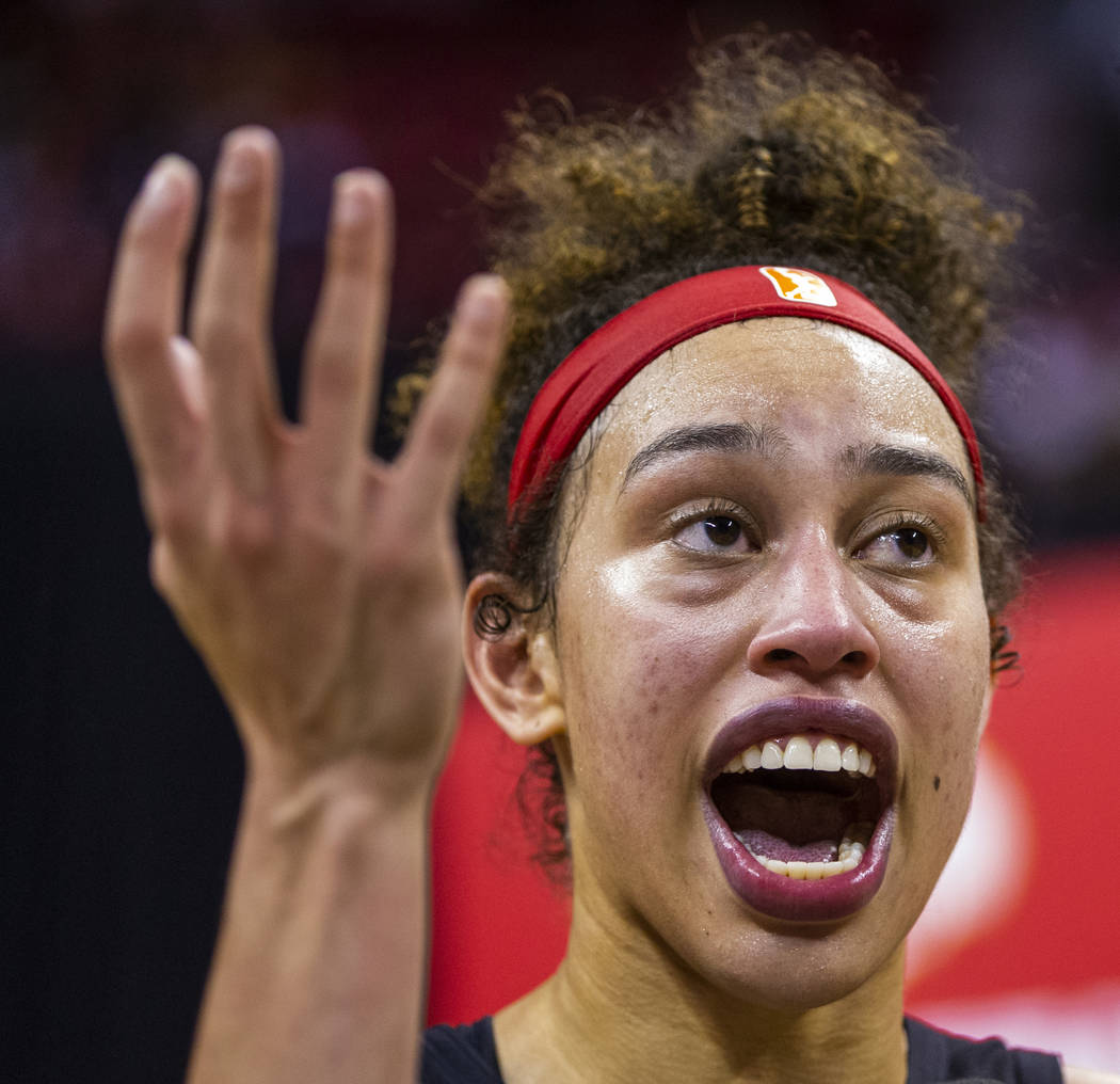 Las Vegas Aces forward Dearica Hamby (5) is excited by her late-game shot following their win o ...