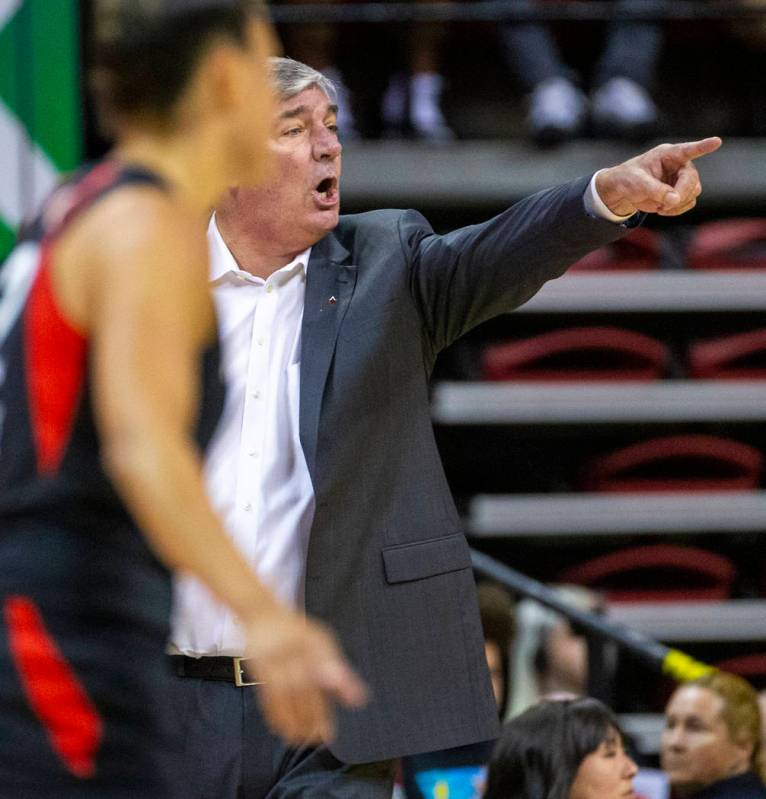 Las Vegas Aces head coach Bill Laimbeer calls another play as they battle the Chicago Sky in th ...