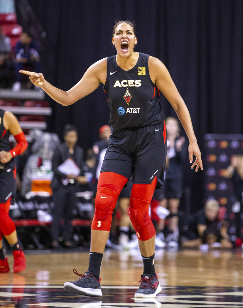 Las Vegas Aces center Liz Cambage (8) is pumped as her team goes up late on the Chicago Sky dur ...
