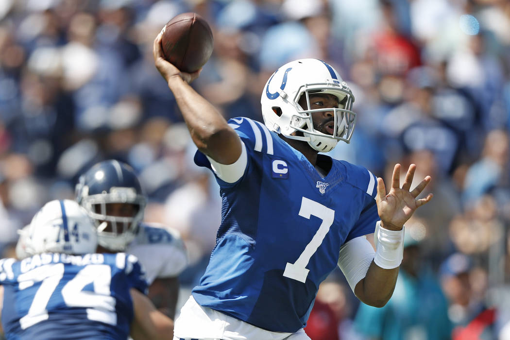 Indianapolis Colts quarterback Jacoby Brissett (7) passes against the Tennessee Titans in the f ...