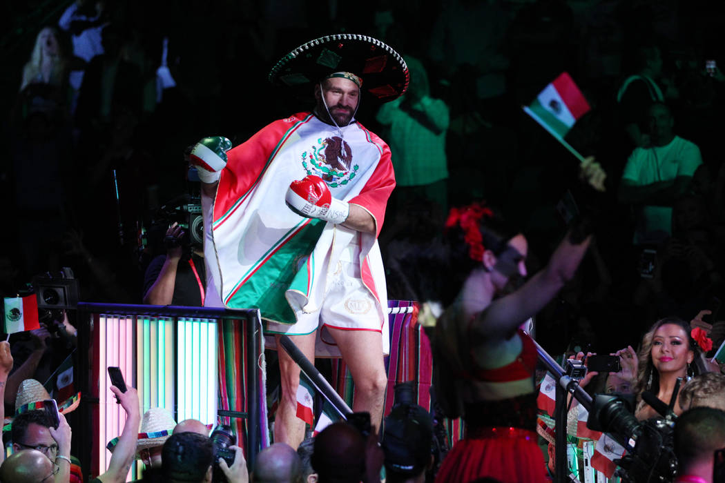 Tyson Fury during his entrance for his fight against Otto Wallin for a heavyweight bout at T-Mo ...