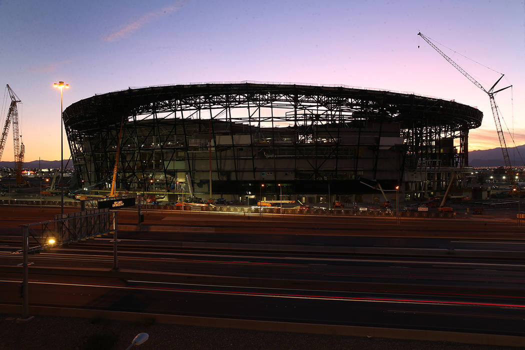 Allegiant Stadium during sunset in Las Vegas, Saturday, Sept. 7, 2019. (Erik Verduzco / Las Veg ...