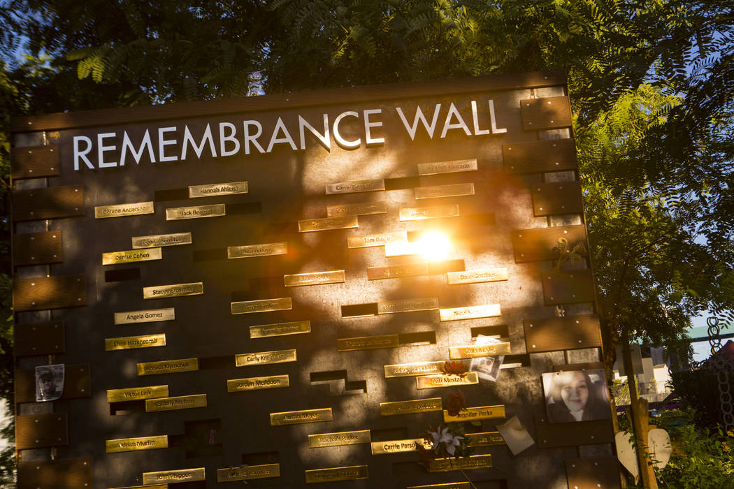 The Remembrance Wall at the Las Vegas Healing Garden in Las Vegas on Wednesday, Sept. 18, 2019. ...