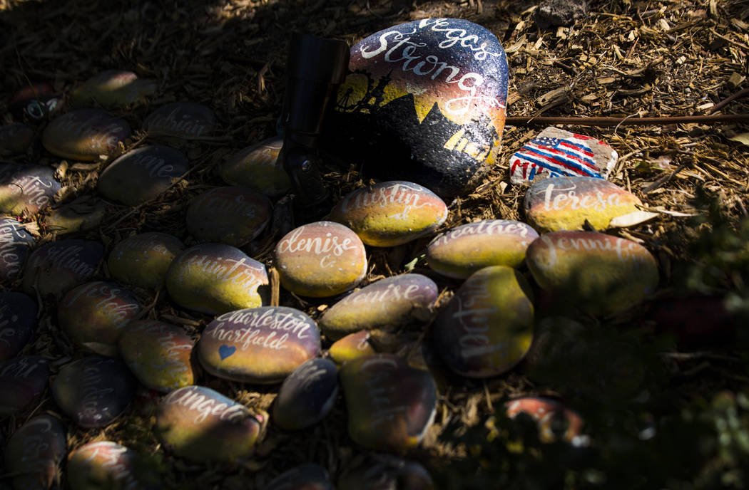 Stones inscribed with the names of the Oct. 1 victims at the Las Vegas Healing Garden in Las Ve ...