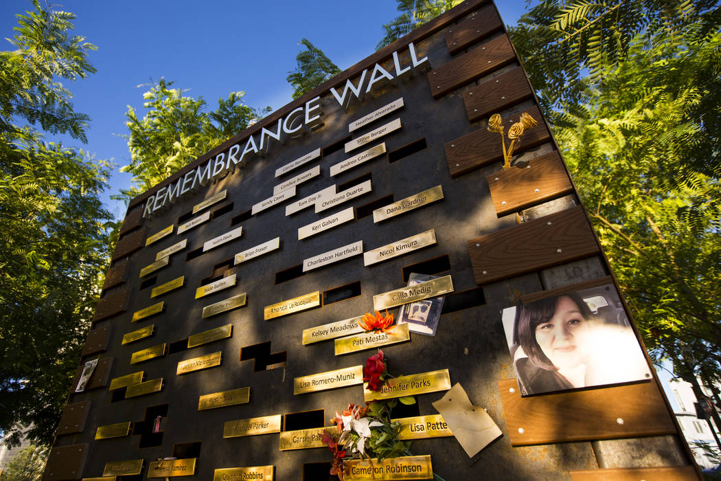The Remembrance Wall at the Las Vegas Healing Garden in Las Vegas on Wednesday, Sept. 18, 2019. ...