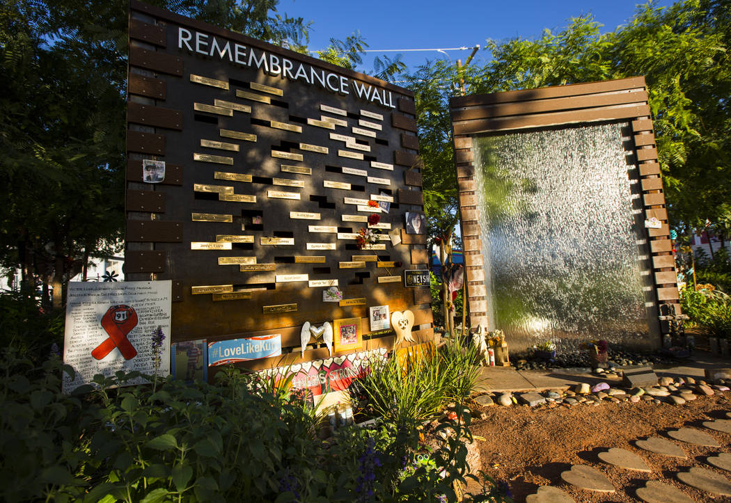 The Remembrance Wall is seen next to a water feature at the Las Vegas Healing Garden in Las Veg ...