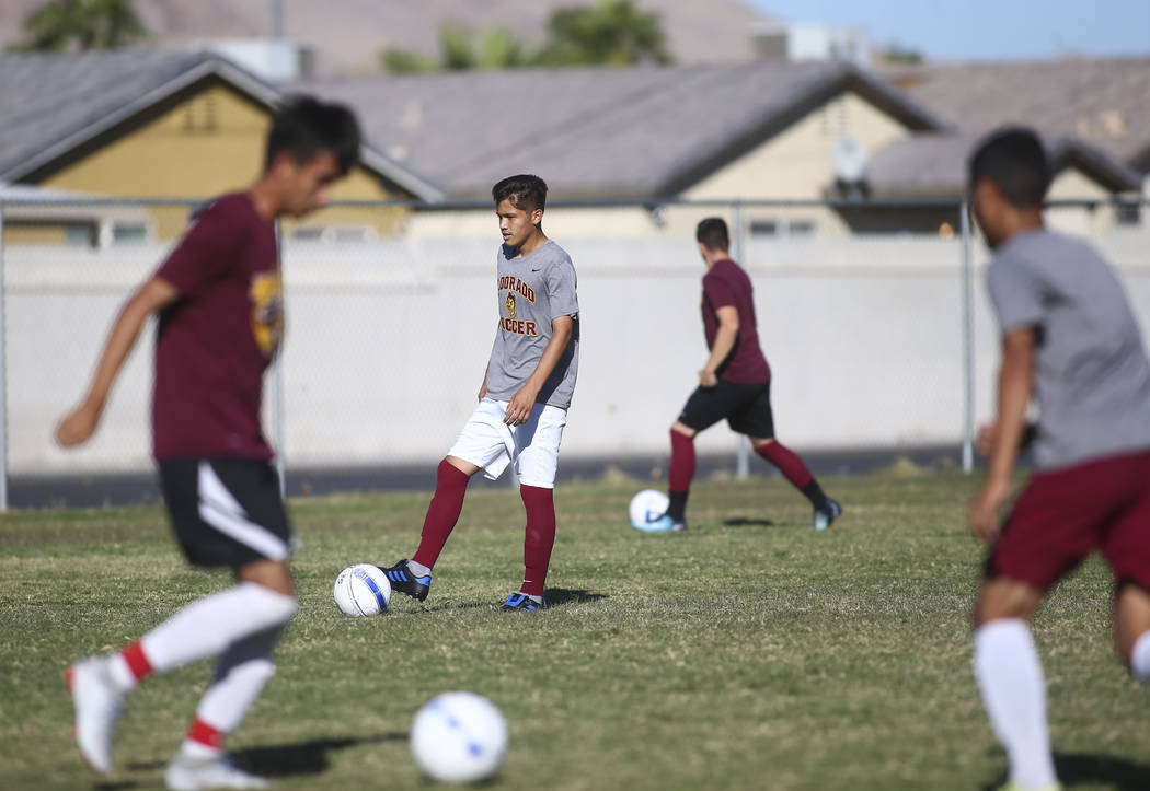 Eldorado's Roberto Gonzalez moves the ball during soccer practice at Eldorado High School in La ...