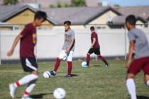Eldorado's Roberto Gonzalez moves the ball during soccer practice at Eldorado High School in La ...