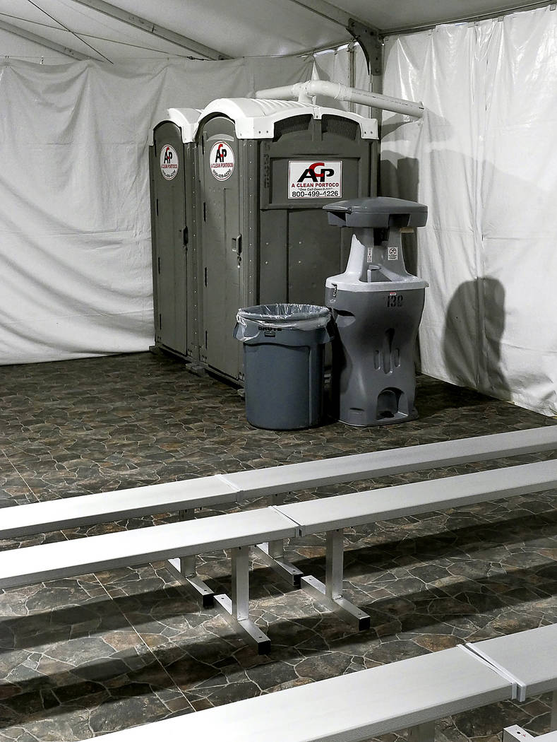 Porta Potties and hand washing stations are located inside all waiting areas of the Migrant Pro ...