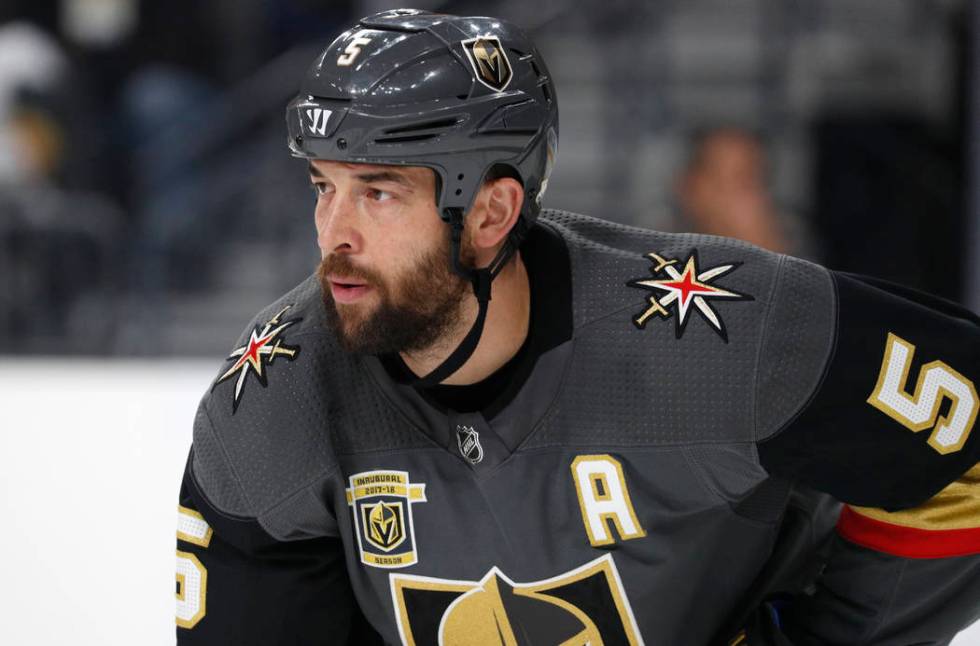 Vegas Golden Knights defenseman Deryk Engelland (5) plays against the New Jersey Devils during ...