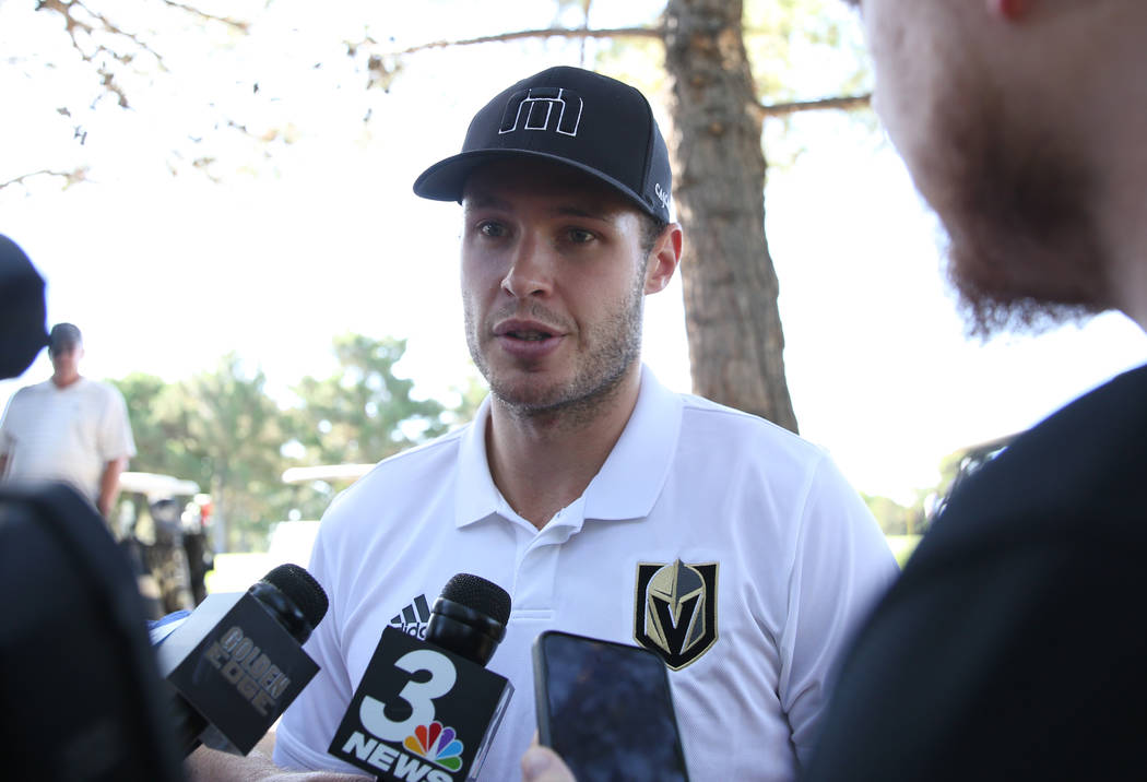 Golden Knights Brayden McNabb speaks to the media prior to the Golden Knights charity golf tour ...