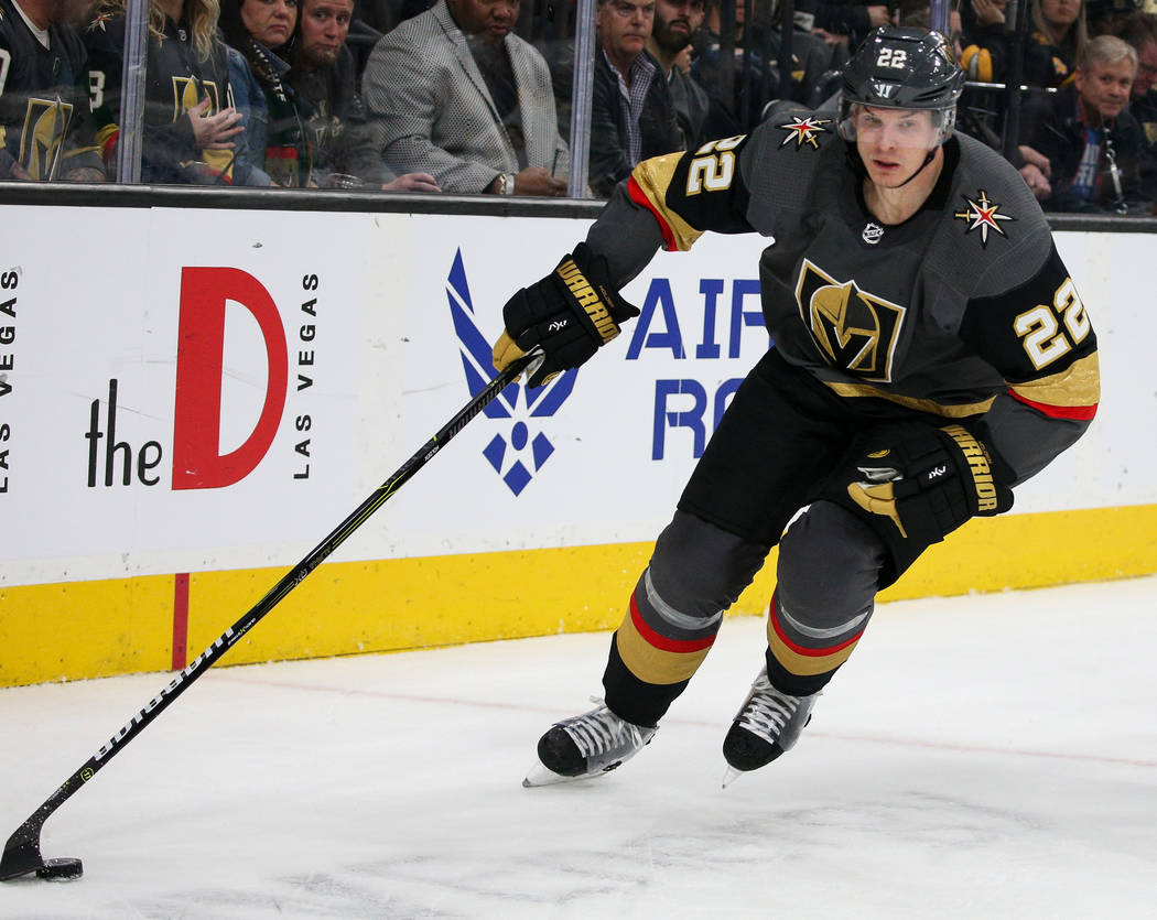 Vegas Golden Knights defenseman Nick Holden (22) skates with the puck during the second period ...