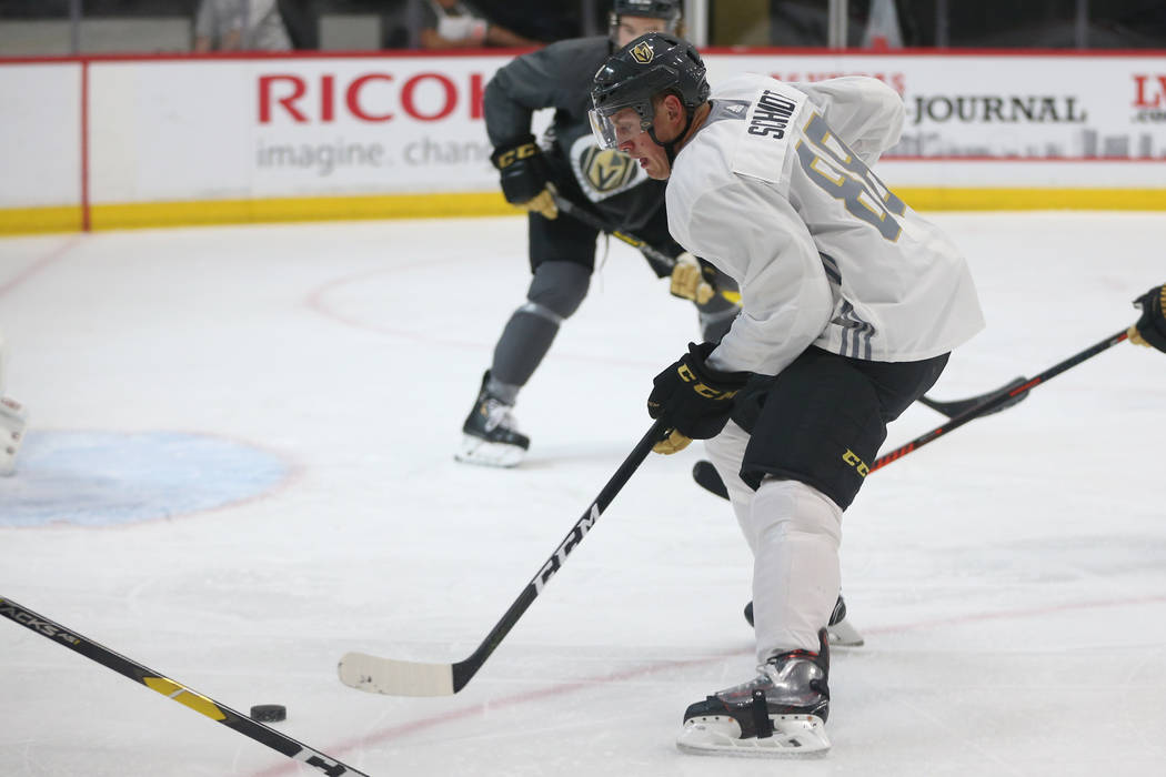 Vegas Golden Knights defenseman Nate Schmidt (88) looks to make a play during a team scrimmage ...