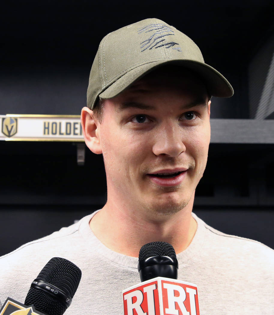 Golden Knights defenseman Nick Holden addresses the media at City National Arena on Thursday, A ...