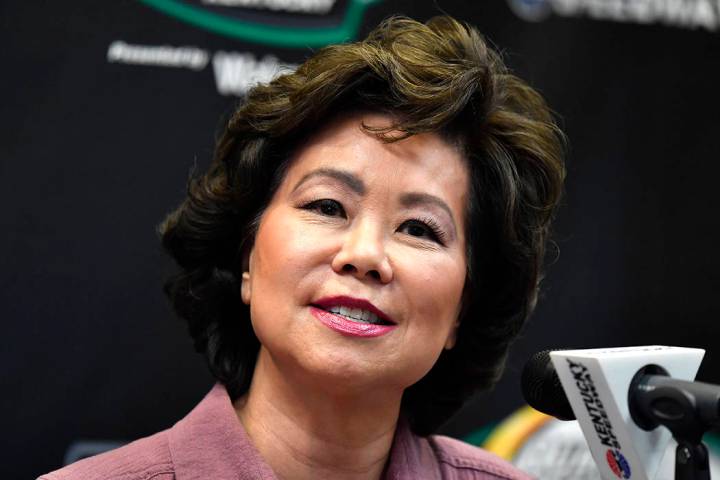 FILE - In this July 13, 2019, file photo, Transportation Secretary Elaine Chao addresses the me ...