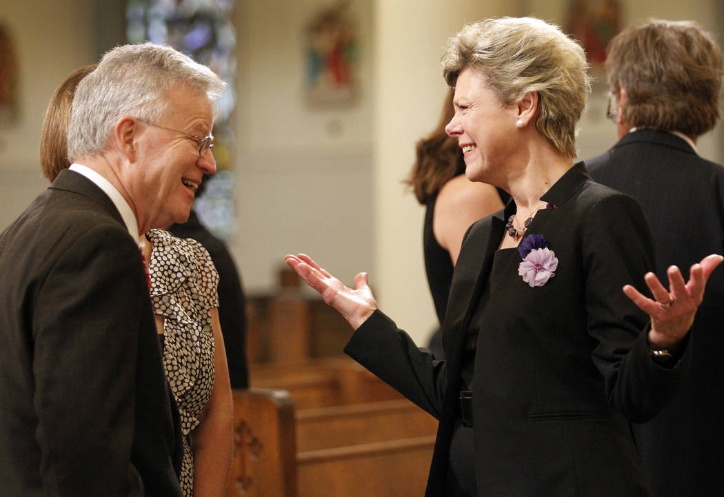 Former Louisiana Gov. Charles "Buddy" Roemer talks with Cokie Roberts, daughter of Lindy Boggs, ...