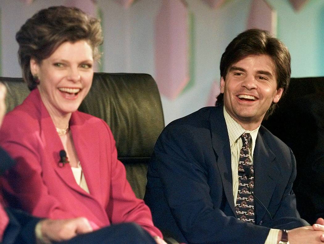 Cokie Roberts, co-anchor of "This Week," and George Stephanopoulos, ABC News contributor, laugh ...