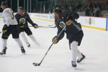Vegas Golden Knights right wing Mark Stone (61) shoots the puck during a team practice at City ...