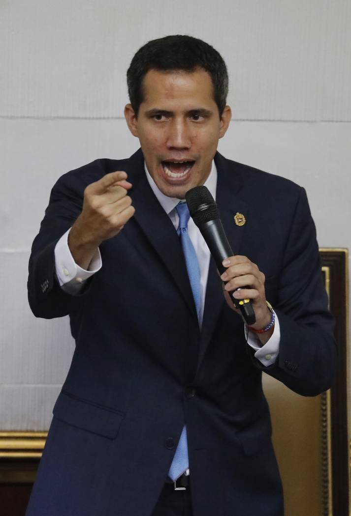 Venezuelan opposition leader and self-proclaimed interim president of Venezuela Juan Guaido spe ...