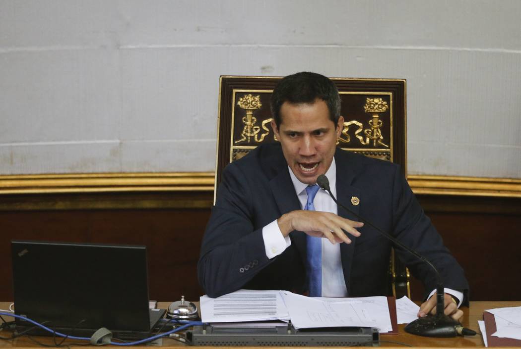 Venezuelan opposition leader and self-proclaimed interim president of Venezuela Juan Guaido spe ...