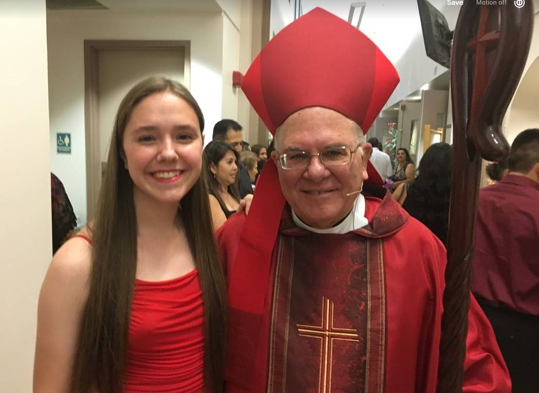 Paula Davis and Bishop Joseph A. Pepe following her confirmation at St. John Neumann Roman Cath ...
