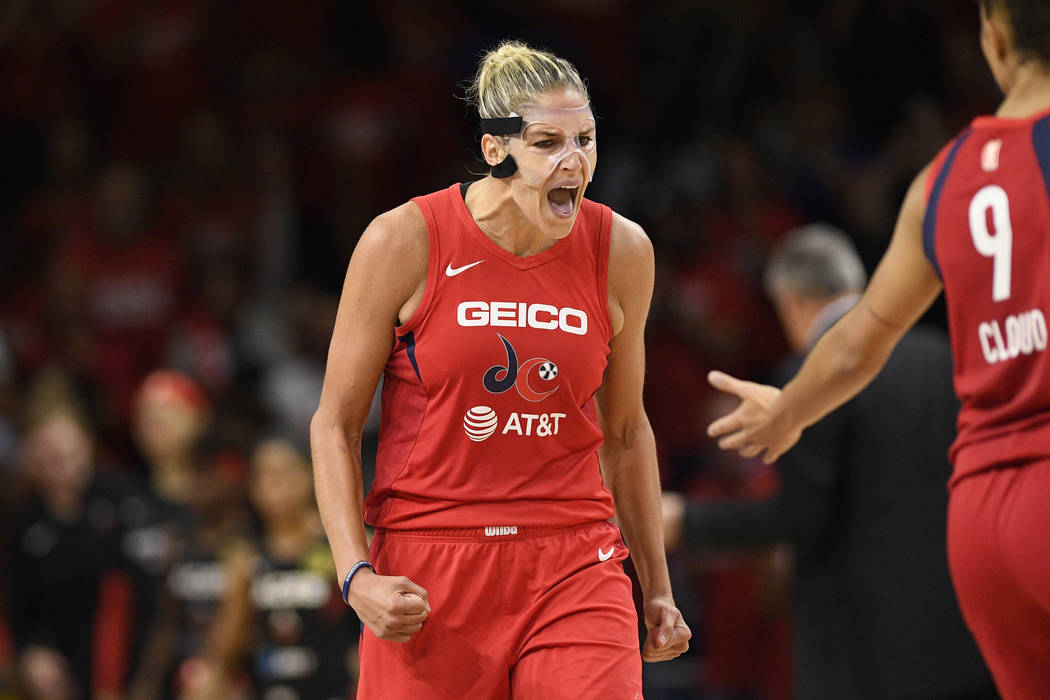 Washington Mystics forward Elena Delle Donne reacts after she made a basket against the Las Veg ...