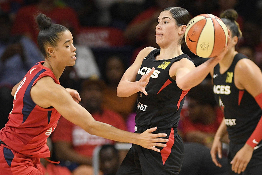 Las Vegas Aces guard Kelsey Plum, right, looks to pass the ball as Washington Mystics guard Nat ...