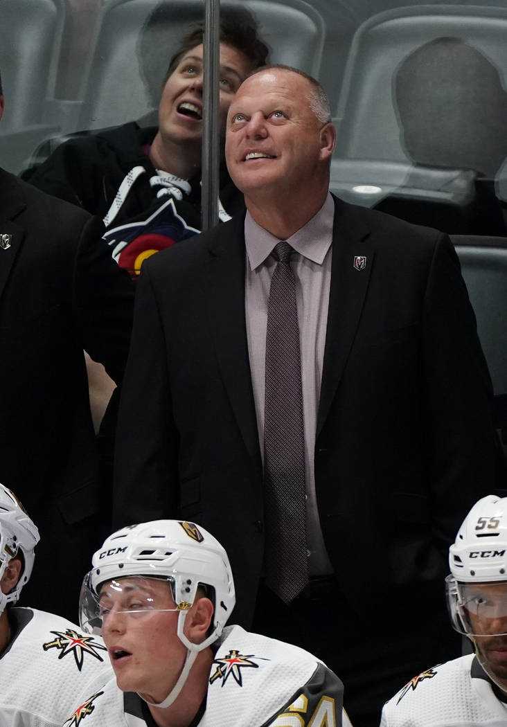 Vegas Golden Knights coach Gerard Gallant smiles during the third period of the team's preseaso ...