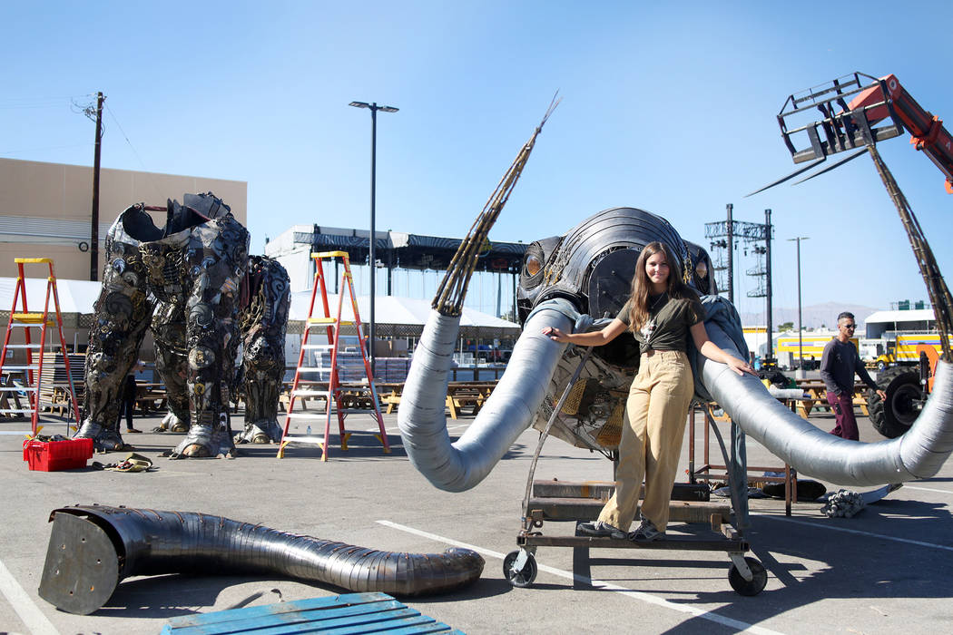 Local Las Vegas artist Tahoe Mack, 18, with her sculpture of the "Monumental Mammoth" that is b ...