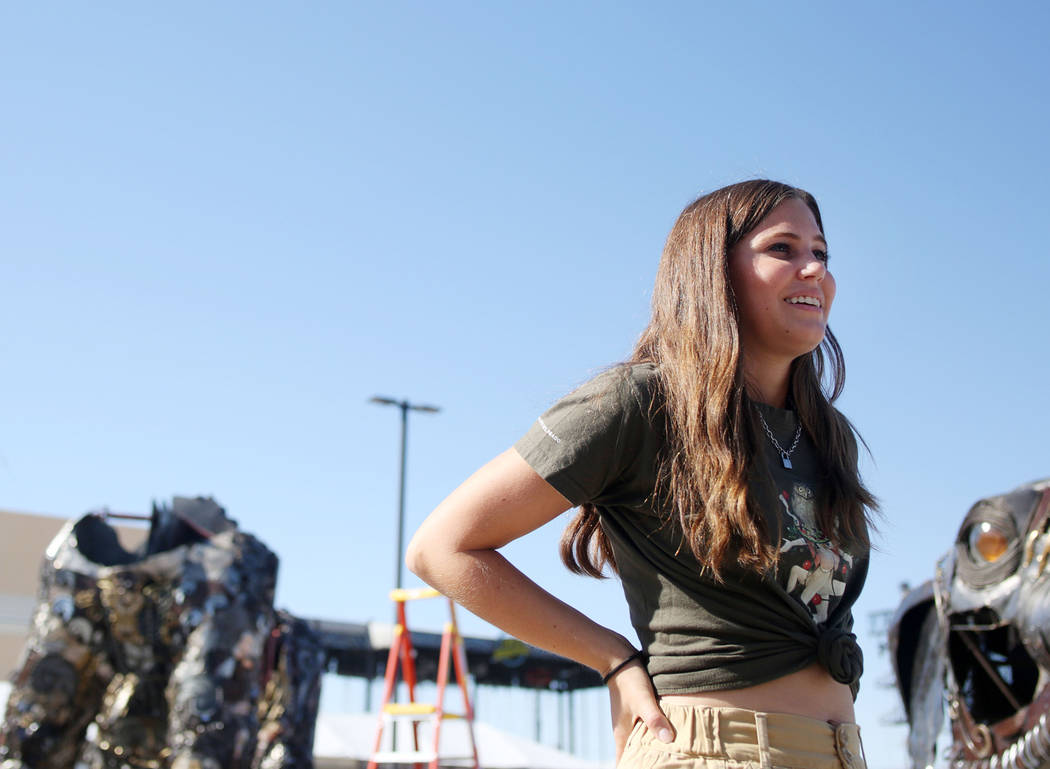 Local Las Vegas artist Tahoe Mack, 18, with her sculpture of the "Monumental Mammoth" that is b ...