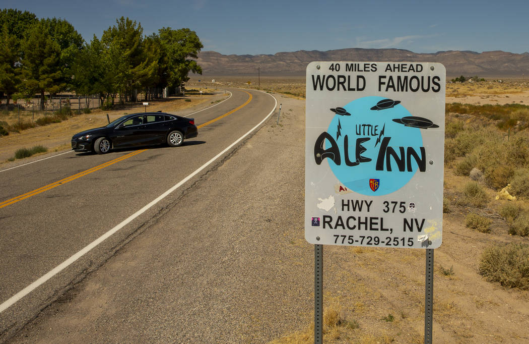 A sign promoting the Little A'Le'Inn 40 miles ahead on the Extraterrestrial Highway/State Route ...