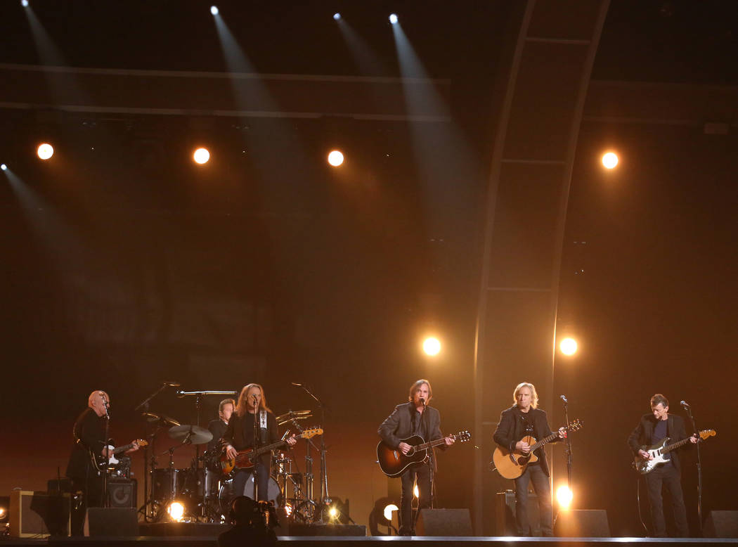 Bernie Leadon, from left, Don Henley, Timothy B. Schmit, Jackson Browne, Joe Walsh, and Steuart ...