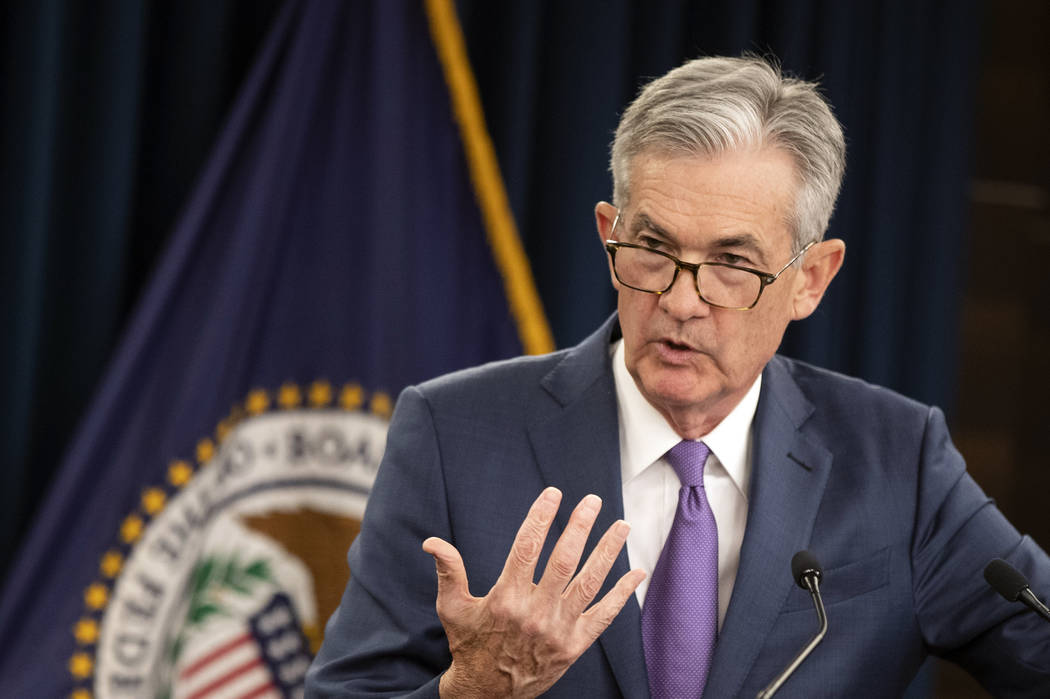 FILE - In this July 31, 2019, file photo Federal Reserve Chairman Jerome Powell speaks during a ...