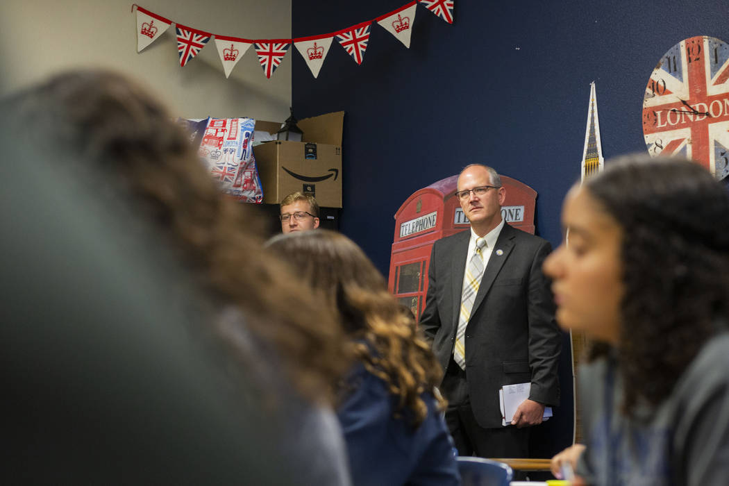 Assistant U.S. Secretary of Education Scott Stump tours an AP English class at Lake Mead Christ ...