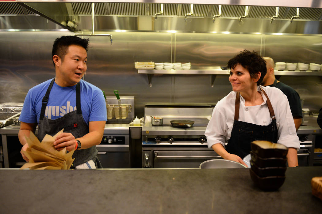 Chef Brian Lhee and Chef Gina Marinelli in the kitchen at the Dec. 2 installment of Yusho After ...