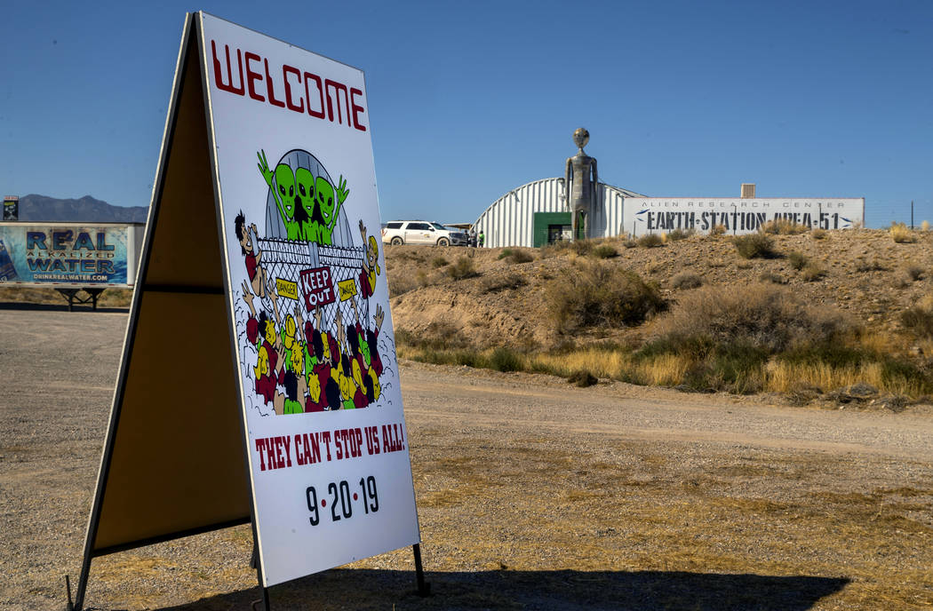 Welcome sign is out front for the Area 51 Basecamp festival at the Alien Research Center on Wed ...