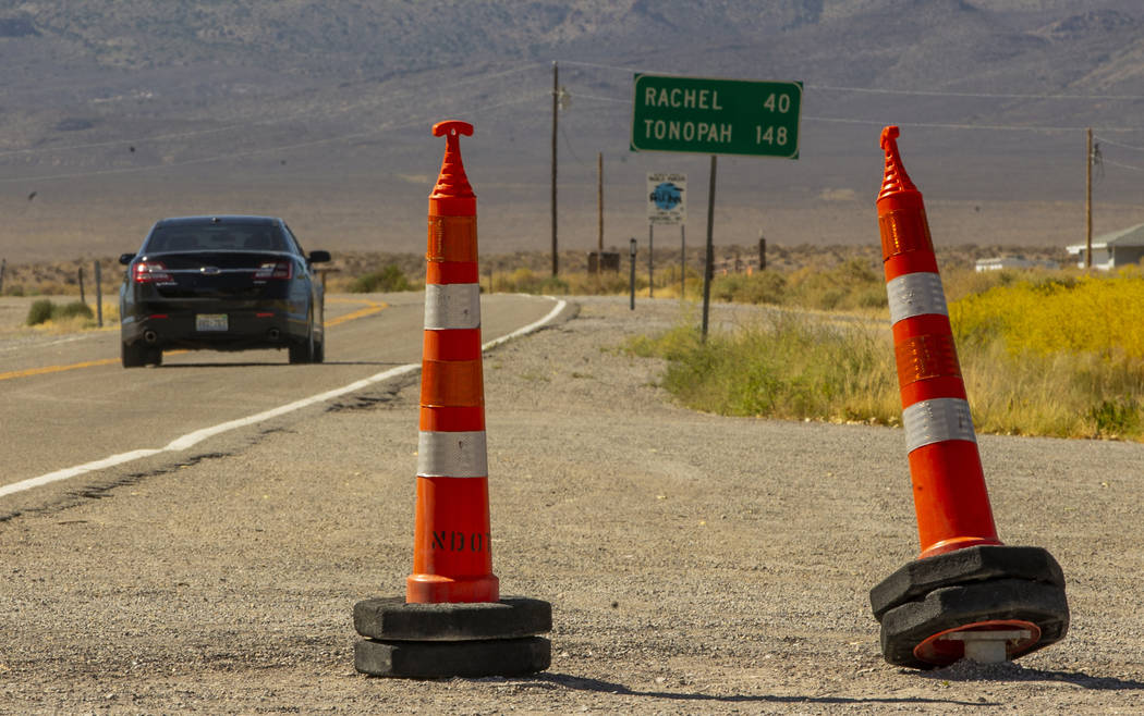Cones denote where the Extraterrestrial Highway sign was and temporarily removed as the Alienst ...