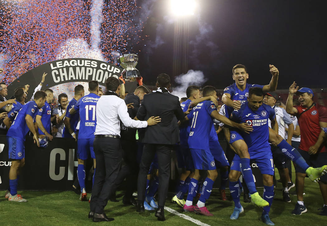 Cruz Azul celebrates their 2-1 win against Tigres in the Leagues Cup Final soccer game at Sam ...