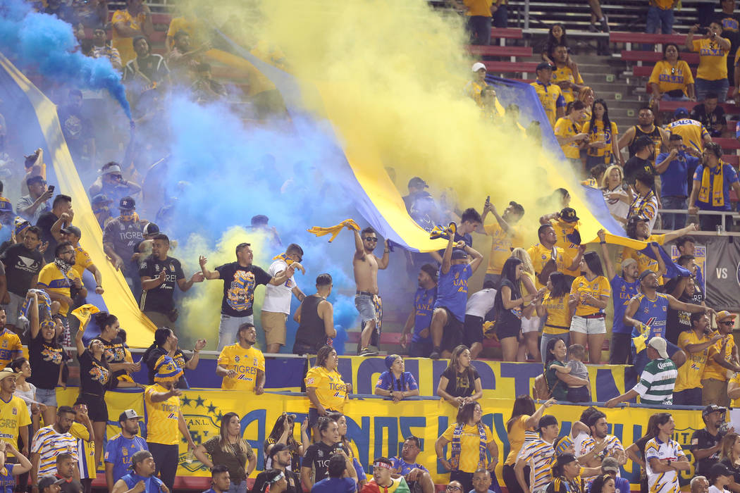 Fans celebrate a score by Tigres against Cruz Azul during the second half of the Leagues Cup Fi ...