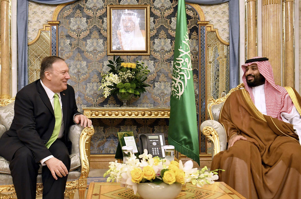 U.S. Secretary of State Mike Pompeo, left, meets with Saudi Arabia's Crown Prince Mohammed bin ...