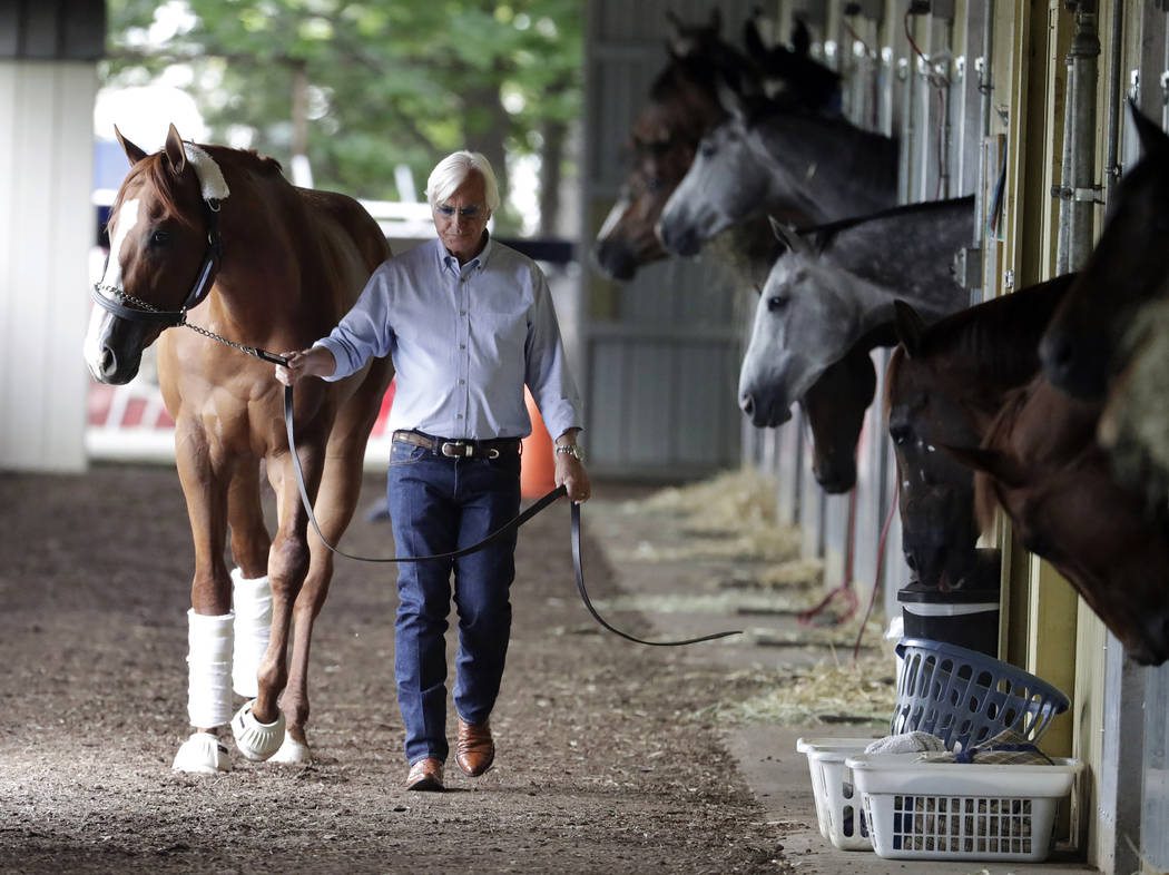 Trainer Bob Baffert walks Justify around the barn after arriving at Belmont Park in Elmont, N.Y ...