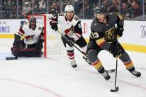 Vegas Golden Knights center Patrick Brown (23) looks for an open play against Arizona Coyotes d ...