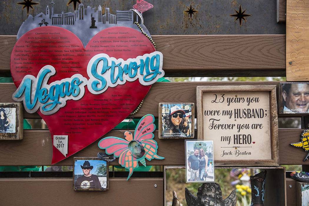 A wall honoring the victims of the Route 91 Harvest festival shooting at the Las Vegas Communit ...