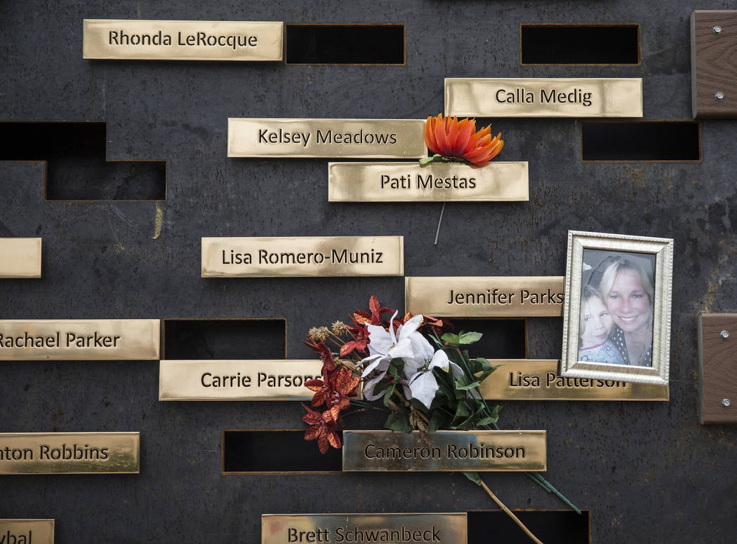 A wall honoring the victims of the Route 91 Harvest festival shooting at the Las Vegas Communit ...
