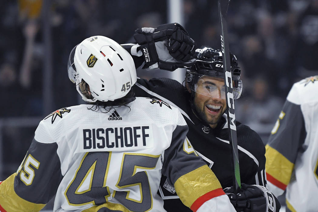 Los Angeles Kings left wing Alex Iafallo, right, celebrates a goal by right wing Dustin Brown a ...